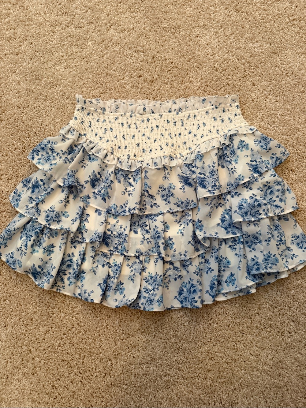 Blue Floral Ruffle Mini Skirt with Smocked Waist
